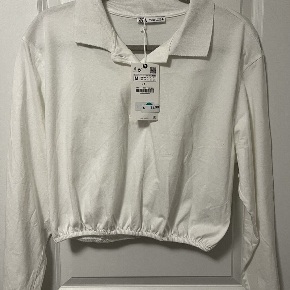 Zara Cropped Long Sleeve Cropped Polo Size Medium White NWT